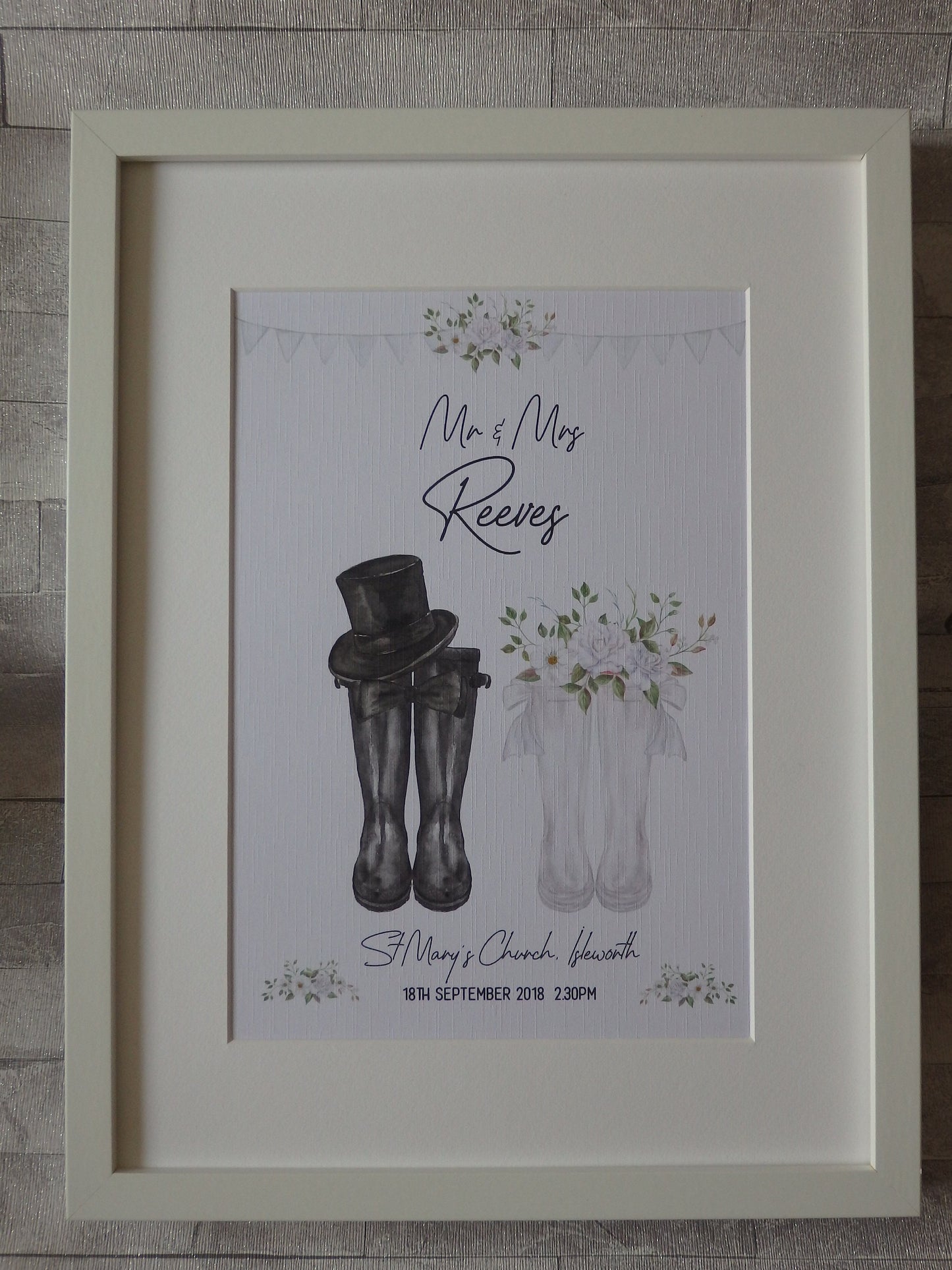 Personalised Welly boot wedding print gift - Mr & Mrs Welly boot print UNFRAMED PRINT - Wall Art Keepsake - Picture Gift UNFRAMED