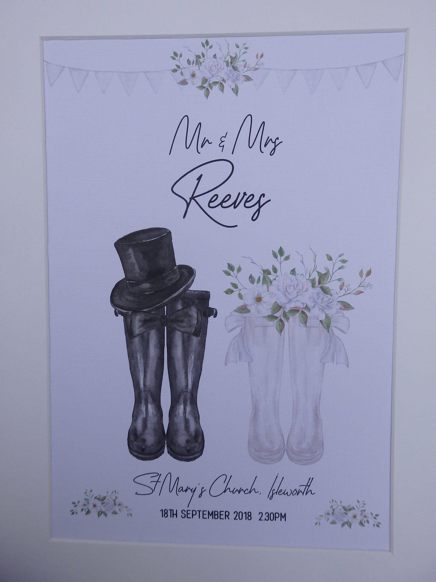 Personalised Welly boot wedding print gift - Mr & Mrs Welly boot print UNFRAMED PRINT - Wall Art Keepsake - Picture Gift UNFRAMED
