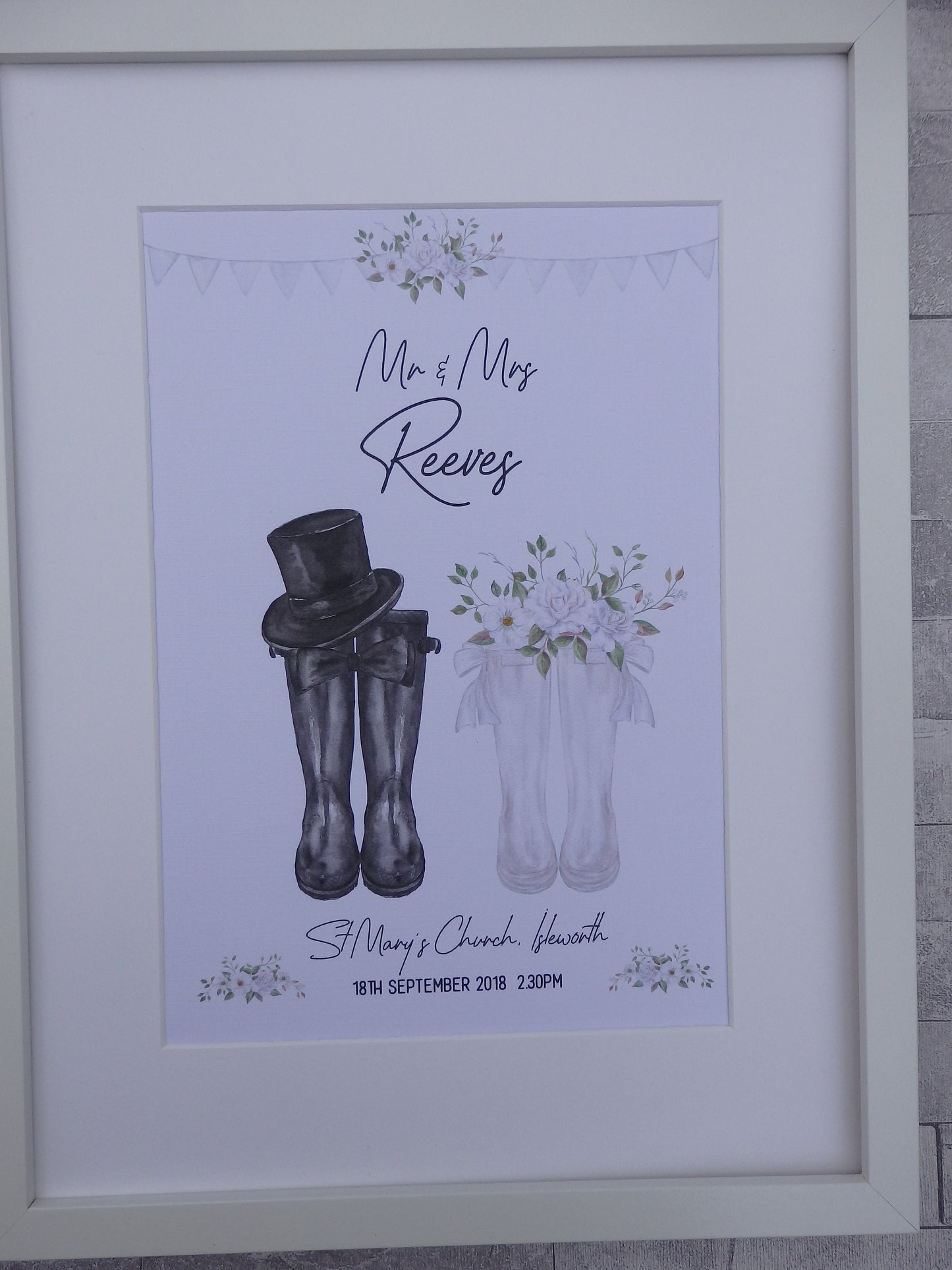 Personalised Welly boot wedding print gift - Mr & Mrs Welly boot print UNFRAMED PRINT - Wall Art Keepsake - Picture Gift UNFRAMED