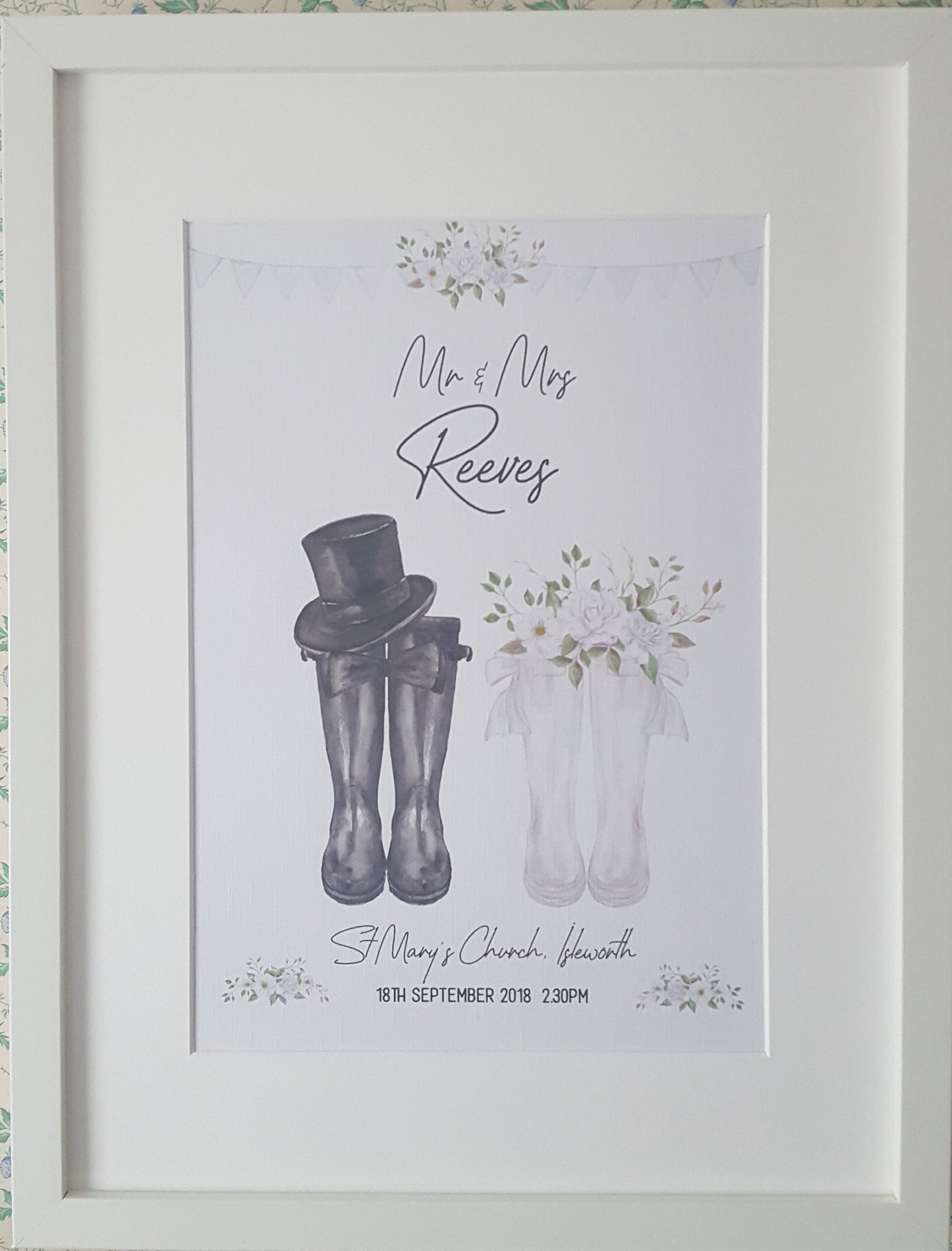 Personalised Welly boot wedding print gift - Mr & Mrs Welly boot print UNFRAMED PRINT - Wall Art Keepsake - Picture Gift UNFRAMED