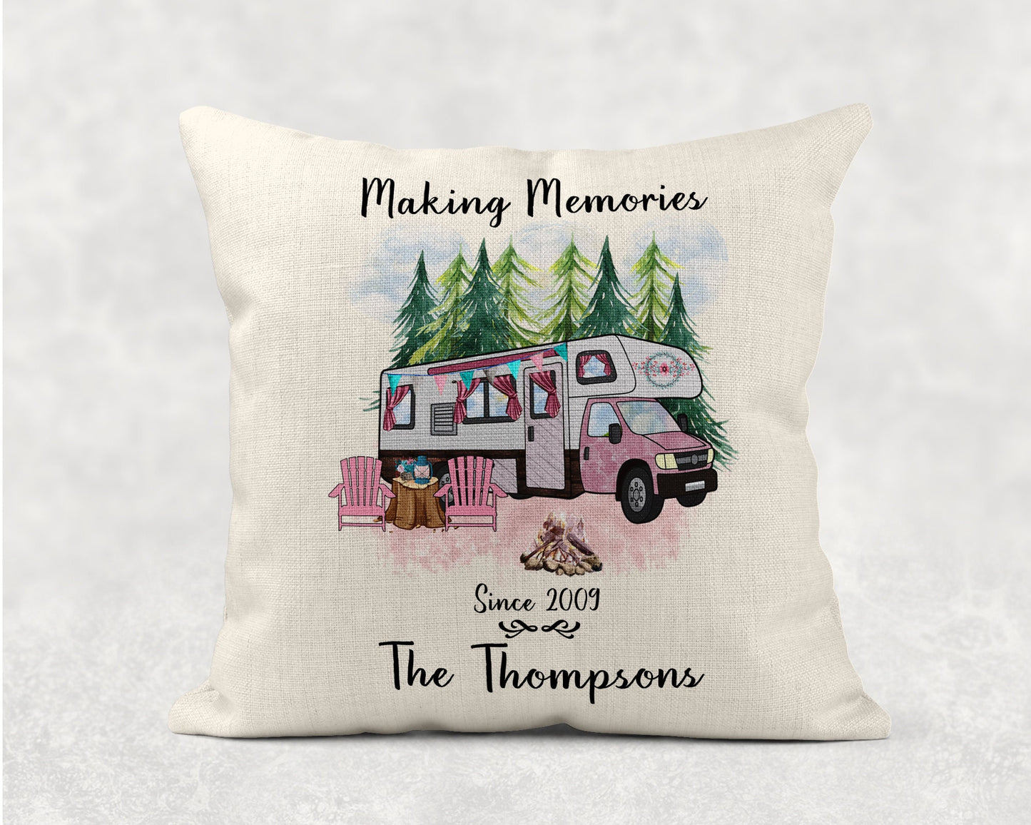 Personalised Motorhome Campervan Linen Cushion, Making Memories, Family Gift. Wedding, Anniversary Gift