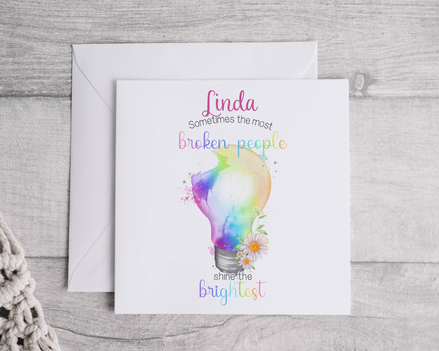 Mental health card, self care, positivity card, rainbow lightbulb