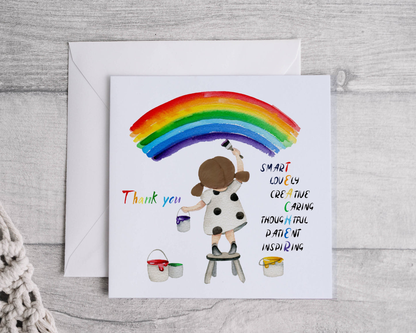 Thank you Teacher card, Personalised Rainbow Paint Teacher Leaving Card