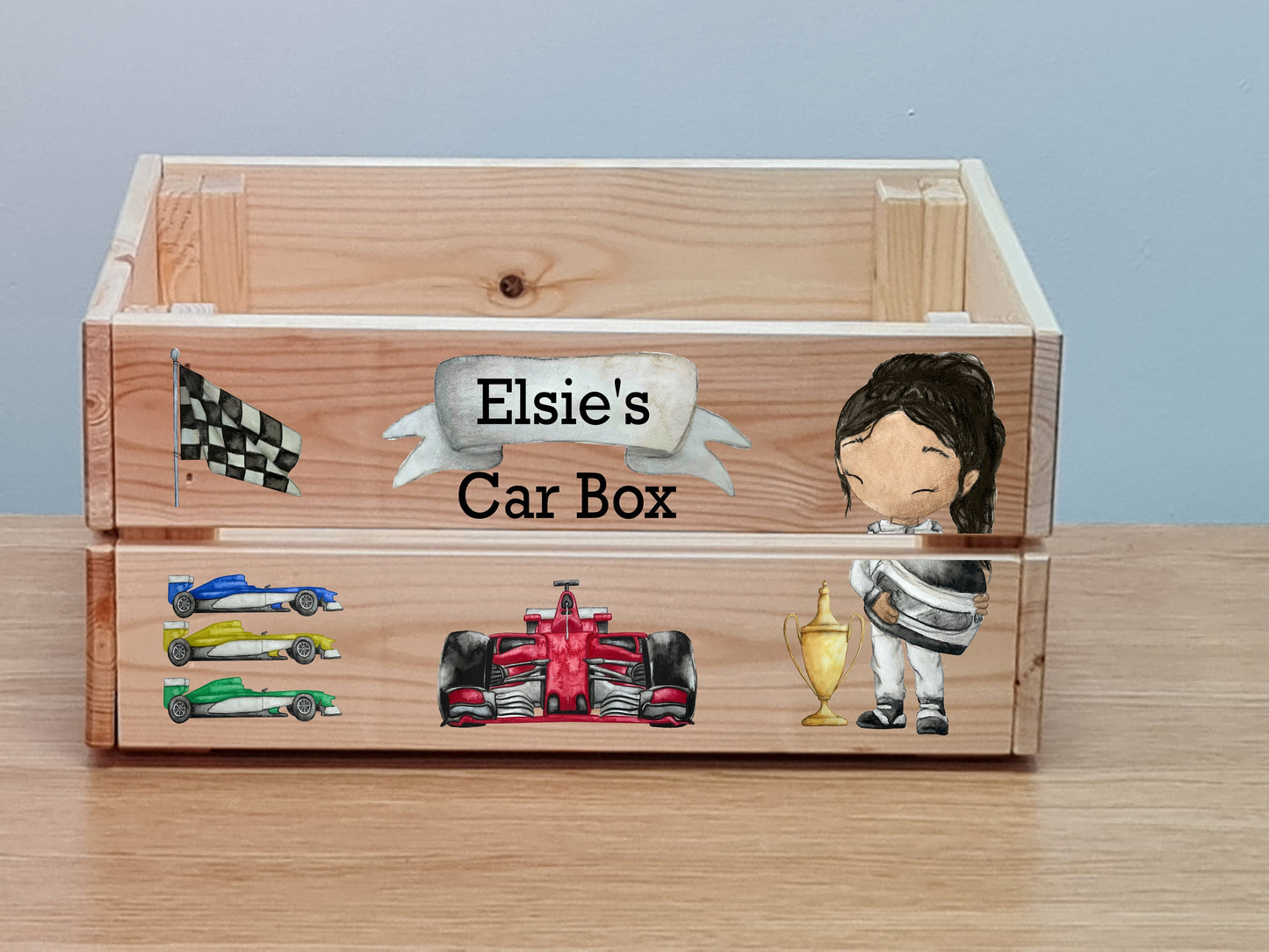 Personalised racing car storage box, wooden storage crate, Toy box