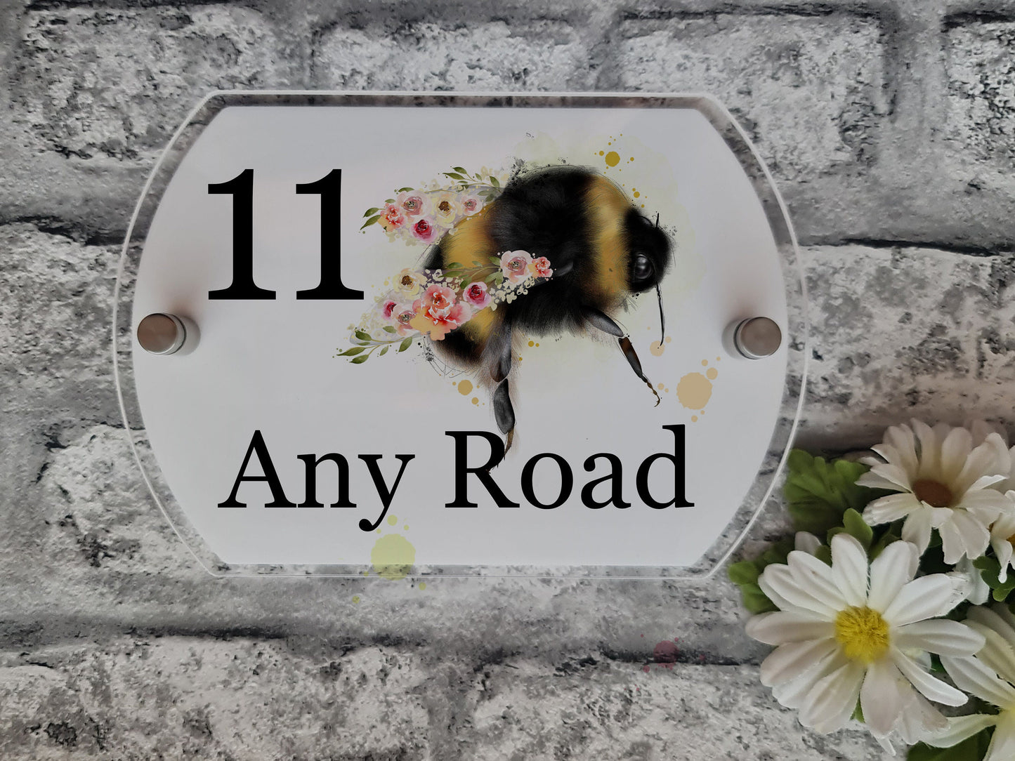 Floral bee acrylic house sign, door number plaque, Bumble bee house number