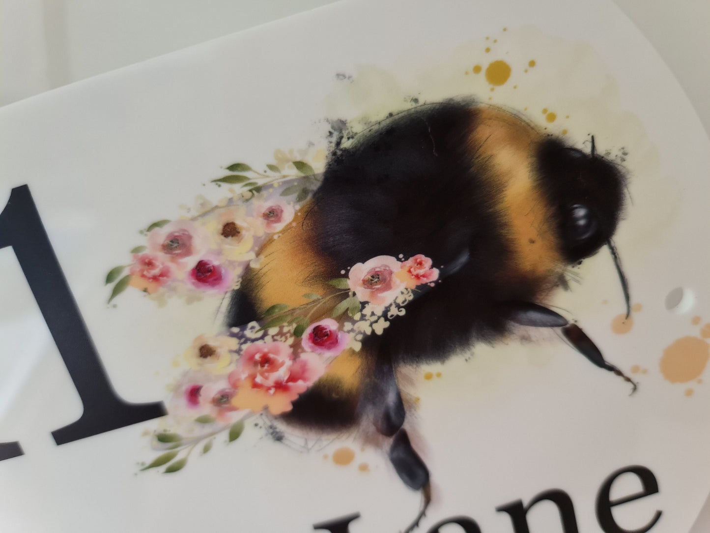 Floral bee acrylic house sign, door number plaque, Bumble bee house number