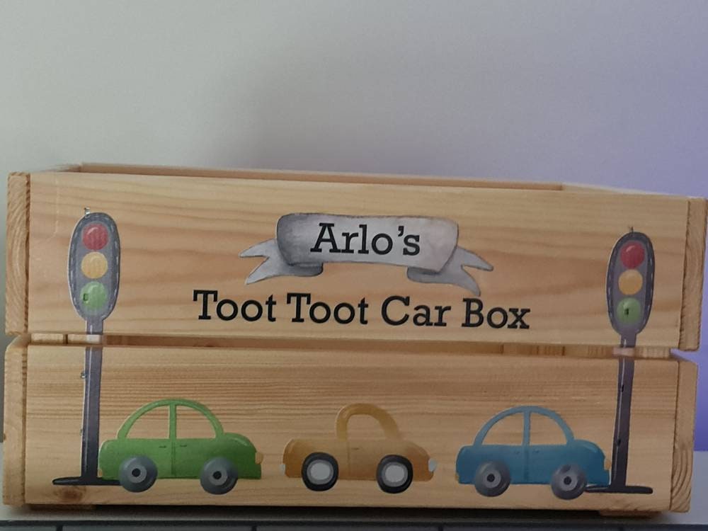 Personalised car storage box, wooden storage crate, Toy box