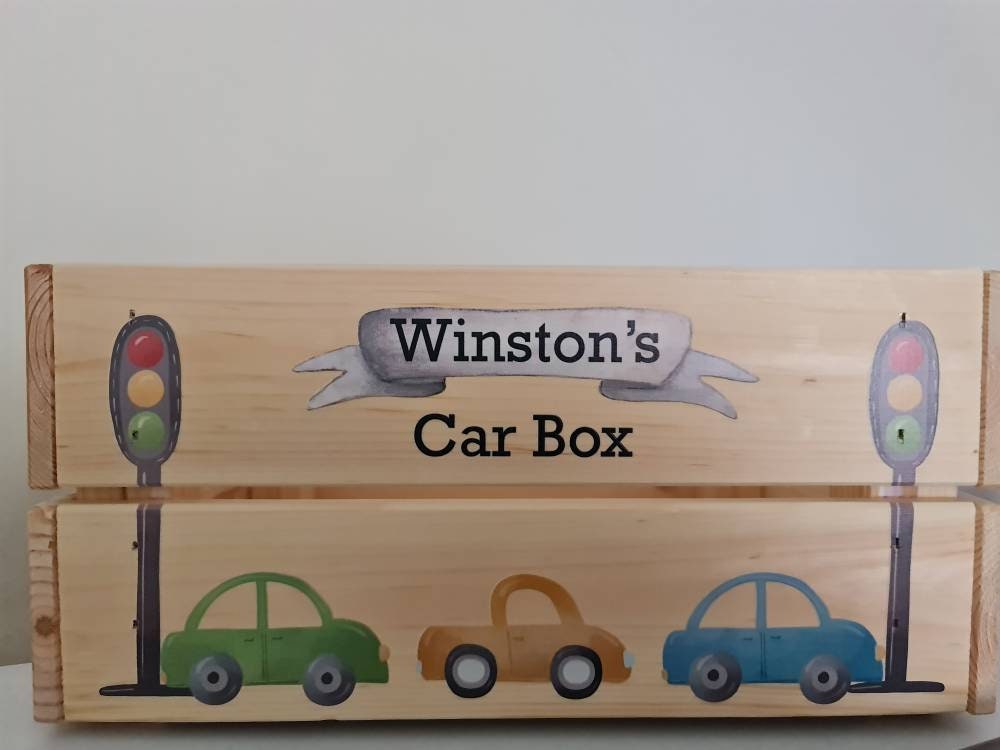 Personalised car storage box, wooden storage crate, Toy box