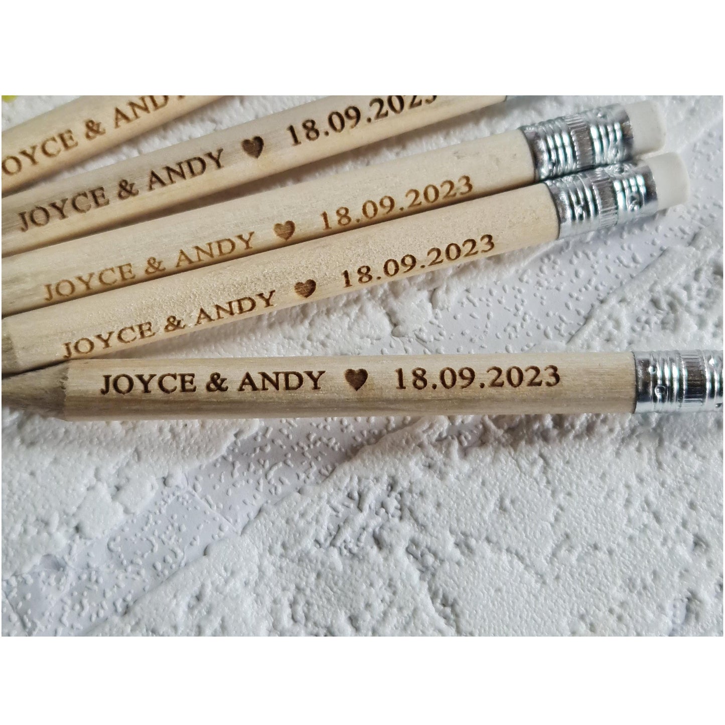Personalised wooden wedding pencils with a rubber, Rustic wedding favours, Save the date