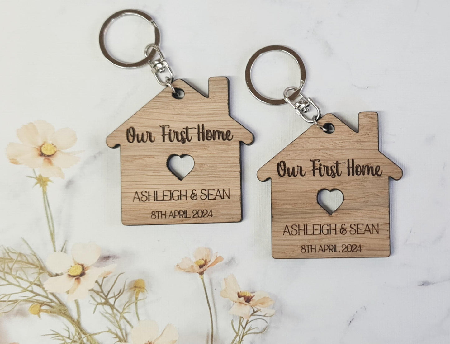 Our first home keyring, wooden personalised keyring, new home gift, New house keyring, moving house gift, House Warming Key Chain