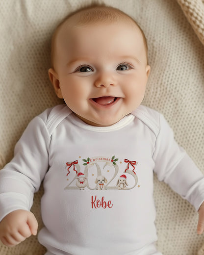My First Christmas 2025, Personalised First Christmas Baby Grow, Cotton Newborn Gift, Vest, bib