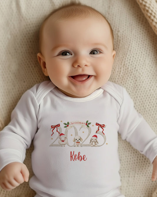 My First Christmas 2025, Personalised First Christmas Baby Grow, Cotton Newborn Gift, Vest, bib