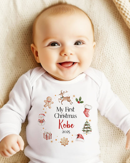 My First Christmas 2025, Personalised First Christmas Baby Grow, Cotton Newborn Gift, Vest, bib