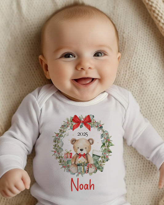 My First Christmas 2025, Personalised First Christmas Baby Grow, Cotton Newborn Gift, Vest, bib