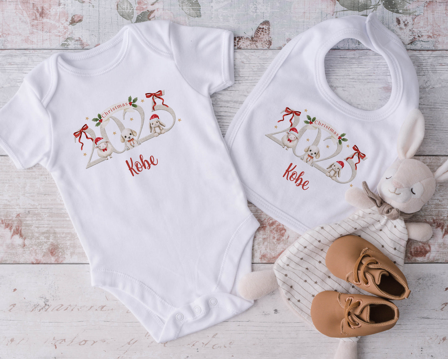 My First Christmas 2025, Personalised First Christmas Baby Grow, Cotton Newborn Gift, Vest, bib