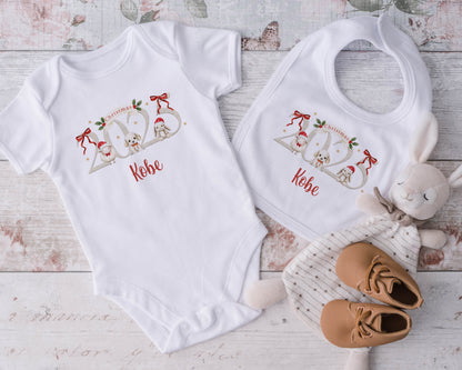 My First Christmas 2025, Personalised First Christmas Baby Grow, Cotton Newborn Gift, Vest, bib