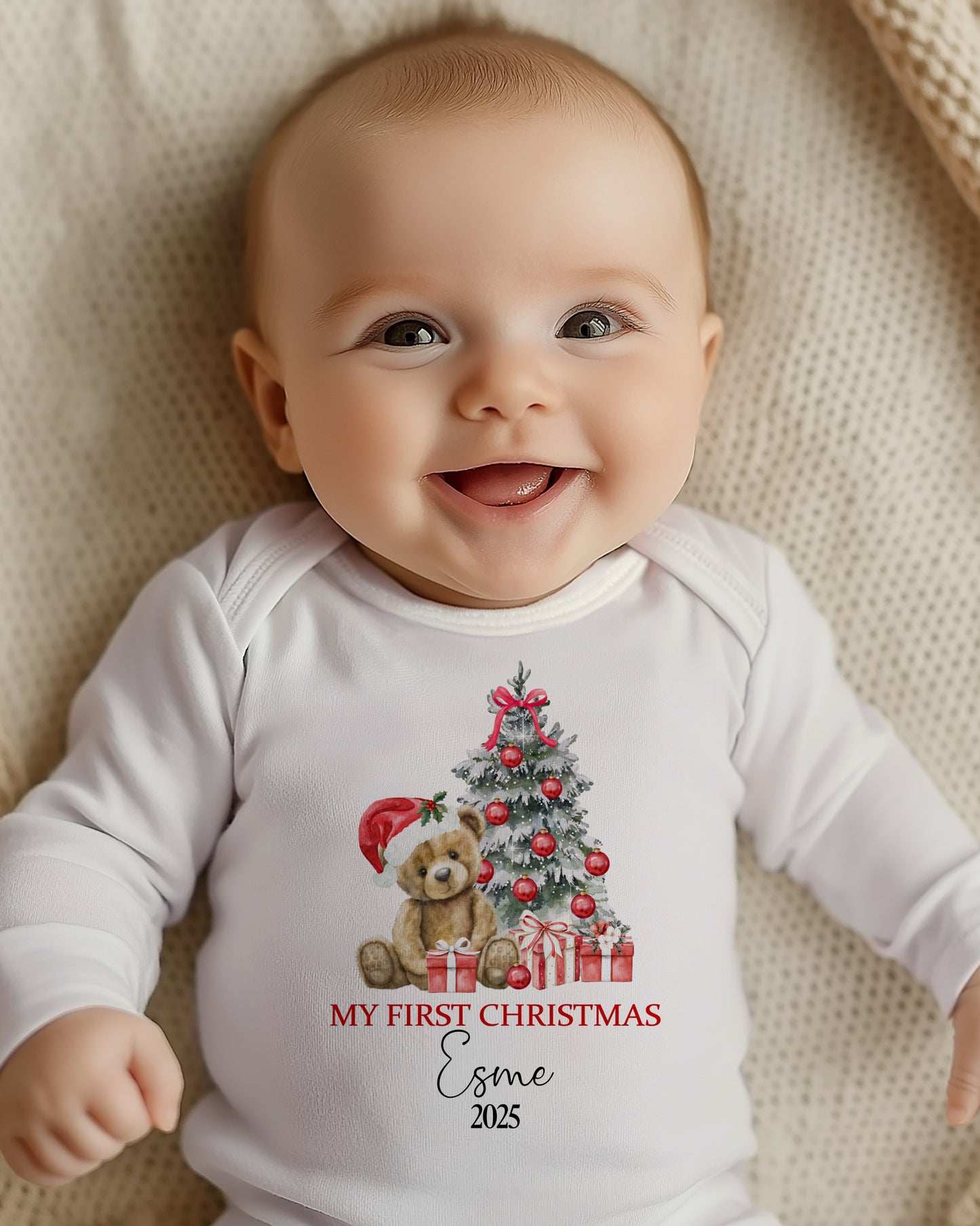 My First Christmas 2025, Personalised First Christmas Baby Grow, Cotton Newborn Gift, Vest, bib (Copy)