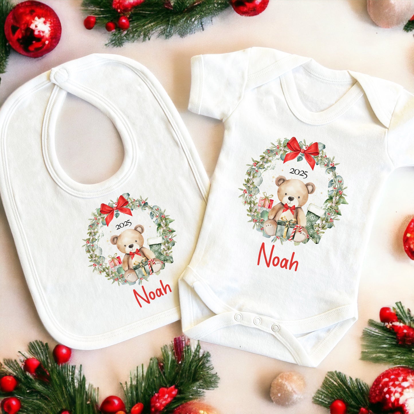 My First Christmas 2025, Personalised First Christmas Baby Grow, Cotton Newborn Gift, Vest, bib