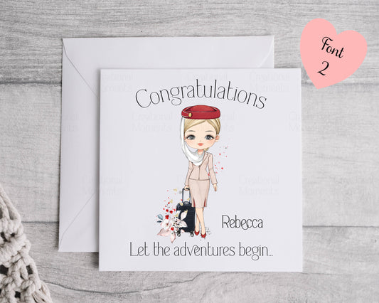 Personalised Flight Attendant Card, Air Hostess Card, Cabin Crew card, Air Steward, Birthday Card, Card for her, Aviation card