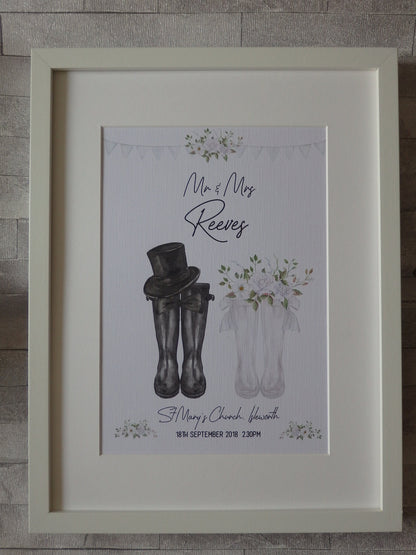 Personalised Welly boot wedding print gift - Mr & Mrs Welly boot print UNFRAMED PRINT - Wall Art Keepsake  -  Picture Gift UNFRAMED