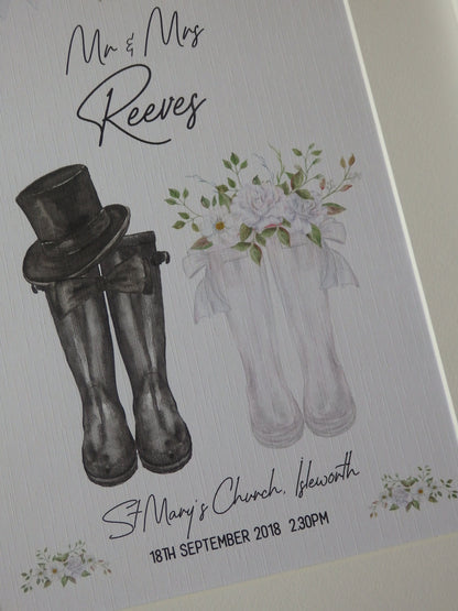 Personalised Welly boot wedding print gift - Mr & Mrs Welly boot print UNFRAMED PRINT - Wall Art Keepsake  -  Picture Gift UNFRAMED