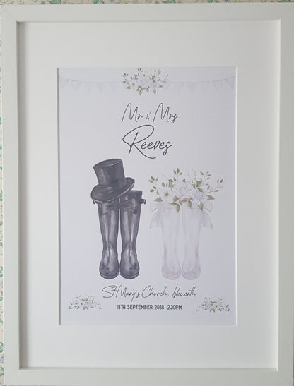 Personalised Welly boot wedding print gift - Mr & Mrs Welly boot print UNFRAMED PRINT - Wall Art Keepsake  -  Picture Gift UNFRAMED