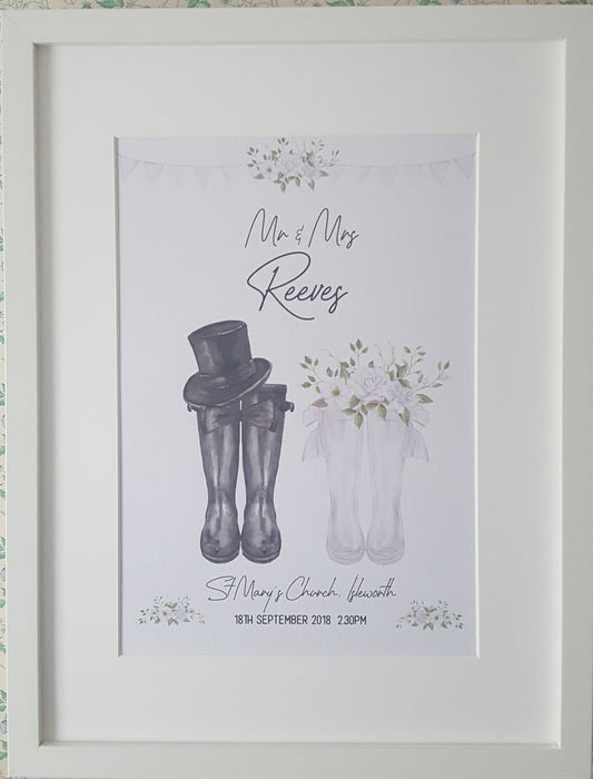 Personalised Welly boot wedding print gift - Mr & Mrs Welly boot print UNFRAMED PRINT - Wall Art Keepsake  -  Picture Gift UNFRAMED