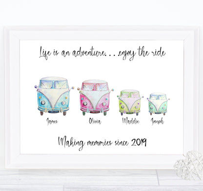 Personalised Campervan Print, Camper Van Gift,  Family Print, A4 Print, Unique Family Gift