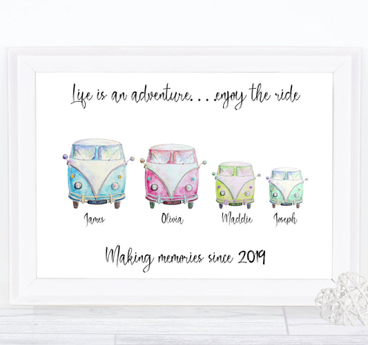 Personalised Campervan Print, Camper Van Gift,  Family Print, A4 Print, Unique Family Gift