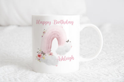 Personalised rainbow floral mug , mothers day mug, birthday gift for her, Pink coffee mug