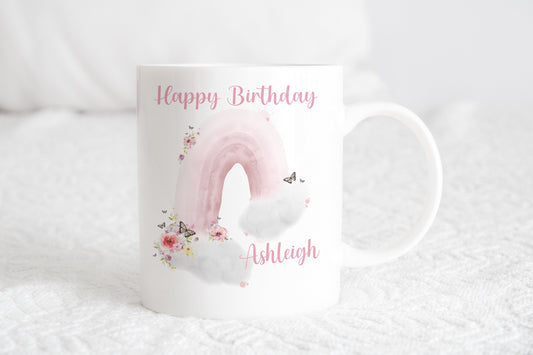 Personalised rainbow floral mug , mothers day mug, birthday gift for her, Pink coffee mug
