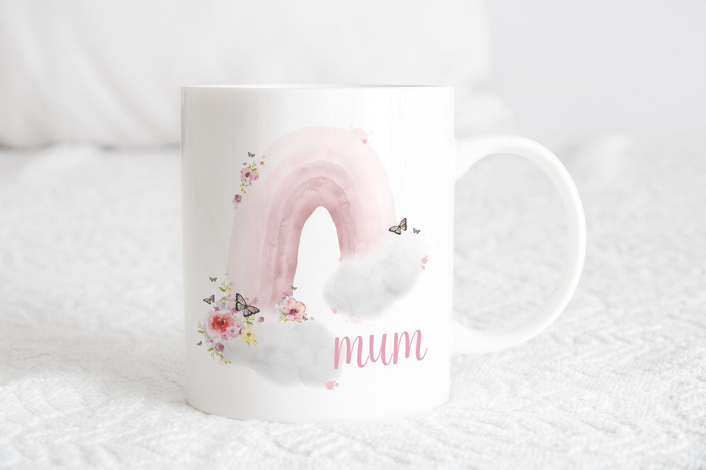 Personalised rainbow floral mug , mothers day mug, birthday gift for her, Pink coffee mug