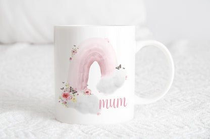 Personalised rainbow floral mug , mothers day mug, birthday gift for her, Pink coffee mug