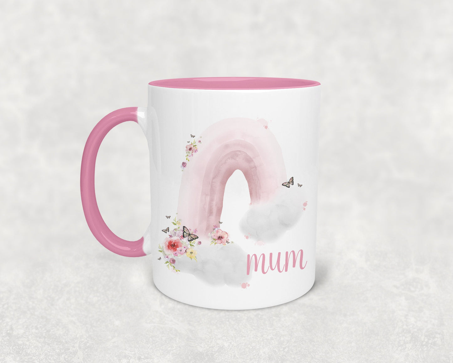Personalised rainbow floral mug , mothers day mug, birthday gift for her, Pink coffee mug