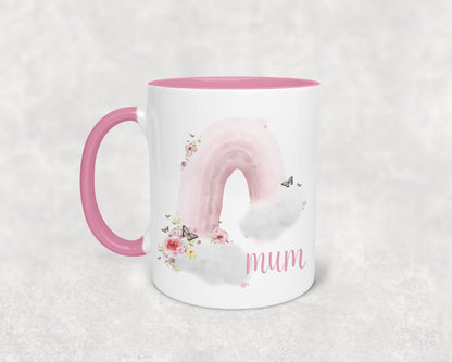 Personalised rainbow floral mug , mothers day mug, birthday gift for her, Pink coffee mug