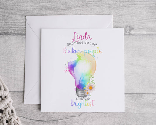 Mental health card, self care, positivity card, rainbow lightbulb