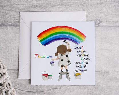 Thank you Teacher card, Personalised Rainbow Paint Teacher Leaving Card