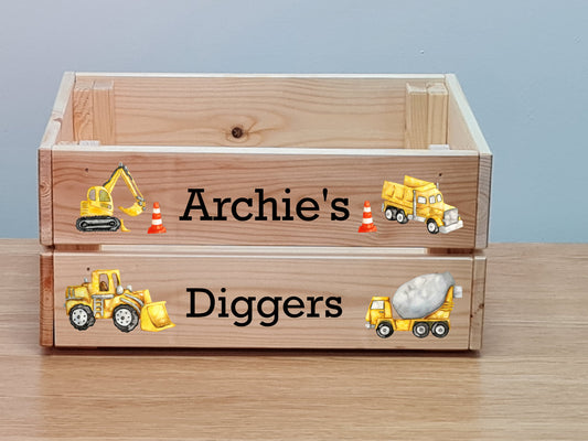 Personalised Digger Truck box, wooden storage crate, Toy box