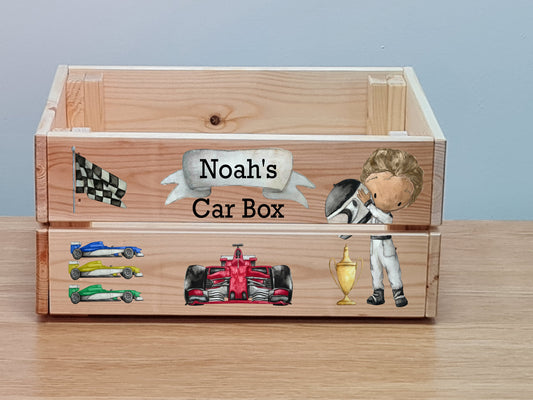 Personalised racing car storage box, wooden storage crate, Toy box