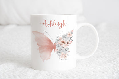 Personalised butterfly mug, Rose gold butterfly,  Butterfly coaster, Butterfly gift, coffee mug