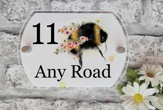 Floral bee acrylic house sign, door number plaque, Bumble bee house number
