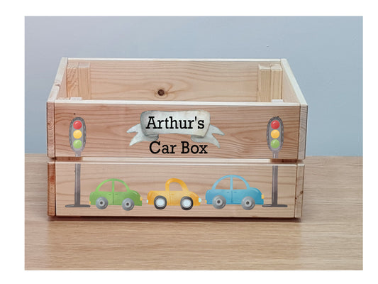 Personalised car storage box, wooden storage crate, Toy box