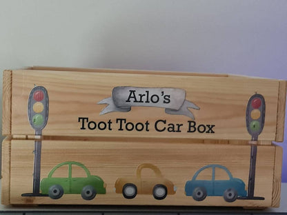 Personalised car storage box, wooden storage crate, Toy box