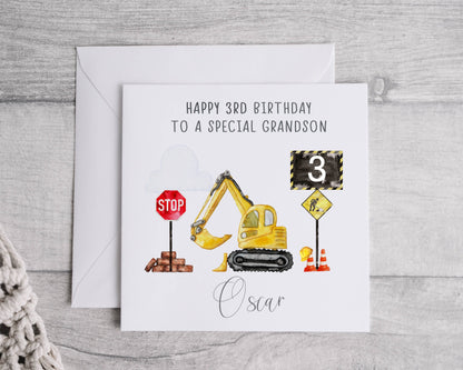 Personalised Digger Birthday Card for son, grandson, nephew, godson, any age birthday, construction digger