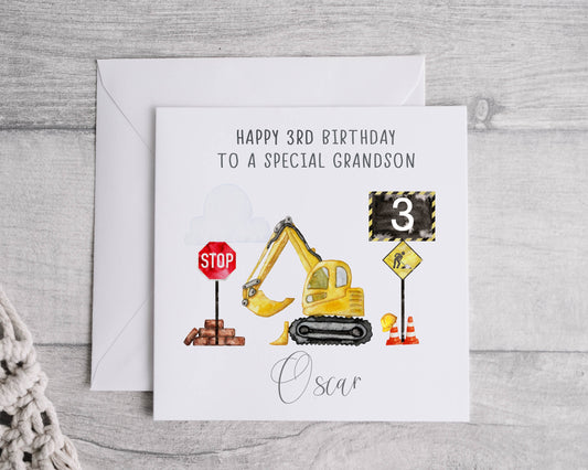 Personalised Digger Birthday Card for son, grandson, nephew, godson, any age birthday, construction digger