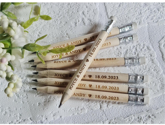 Personalised wooden wedding pencils with a rubber, Rustic wedding favours, Save the date