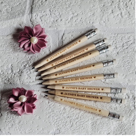 Personalised wooden baby shower pencils with a rubber, Baby shower favours, Baby name