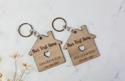 Our first home keyring, wooden personalised keyring, new home gift, New house keyring, moving house gift, House Warming Key Chain