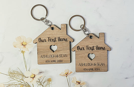 Our first home keyring, wooden personalised keyring, new home gift, New house keyring, moving house gift, House Warming Key Chain