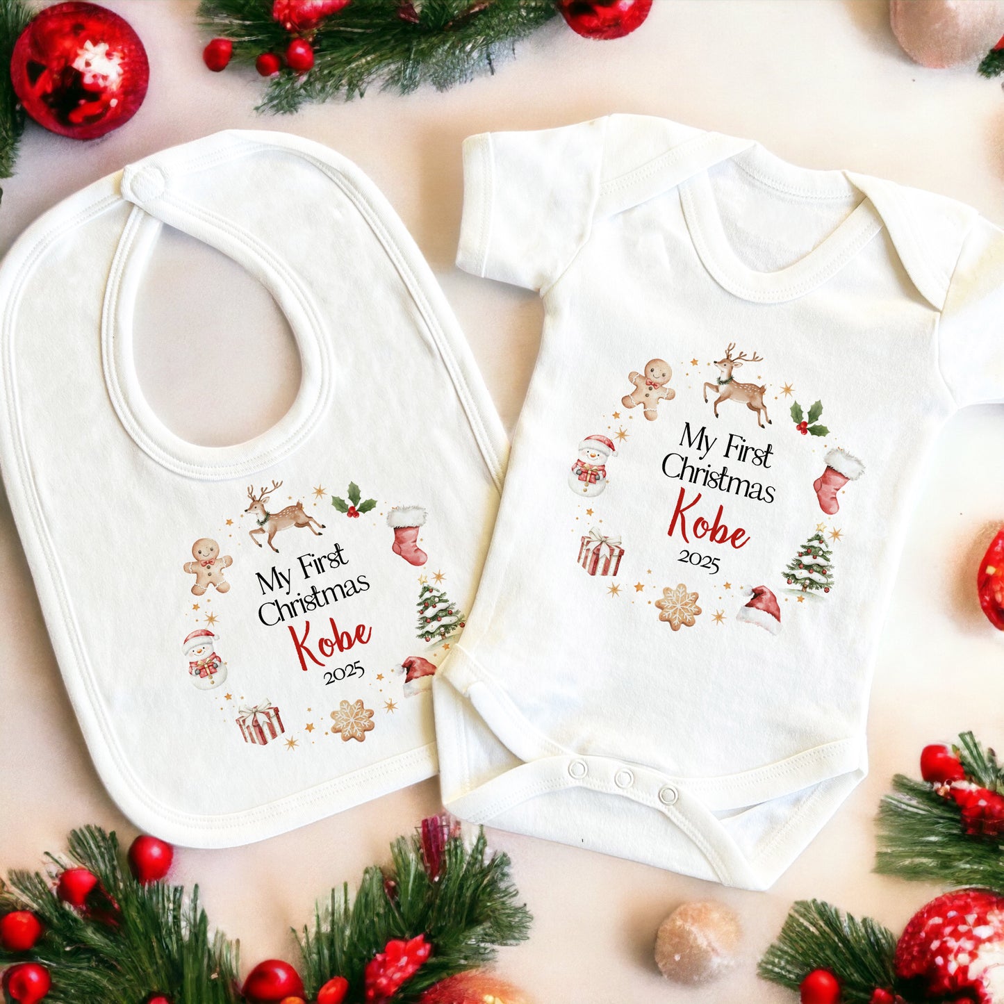 My First Christmas 2025, Personalised First Christmas Baby Grow, Cotton Newborn Gift, Vest, bib